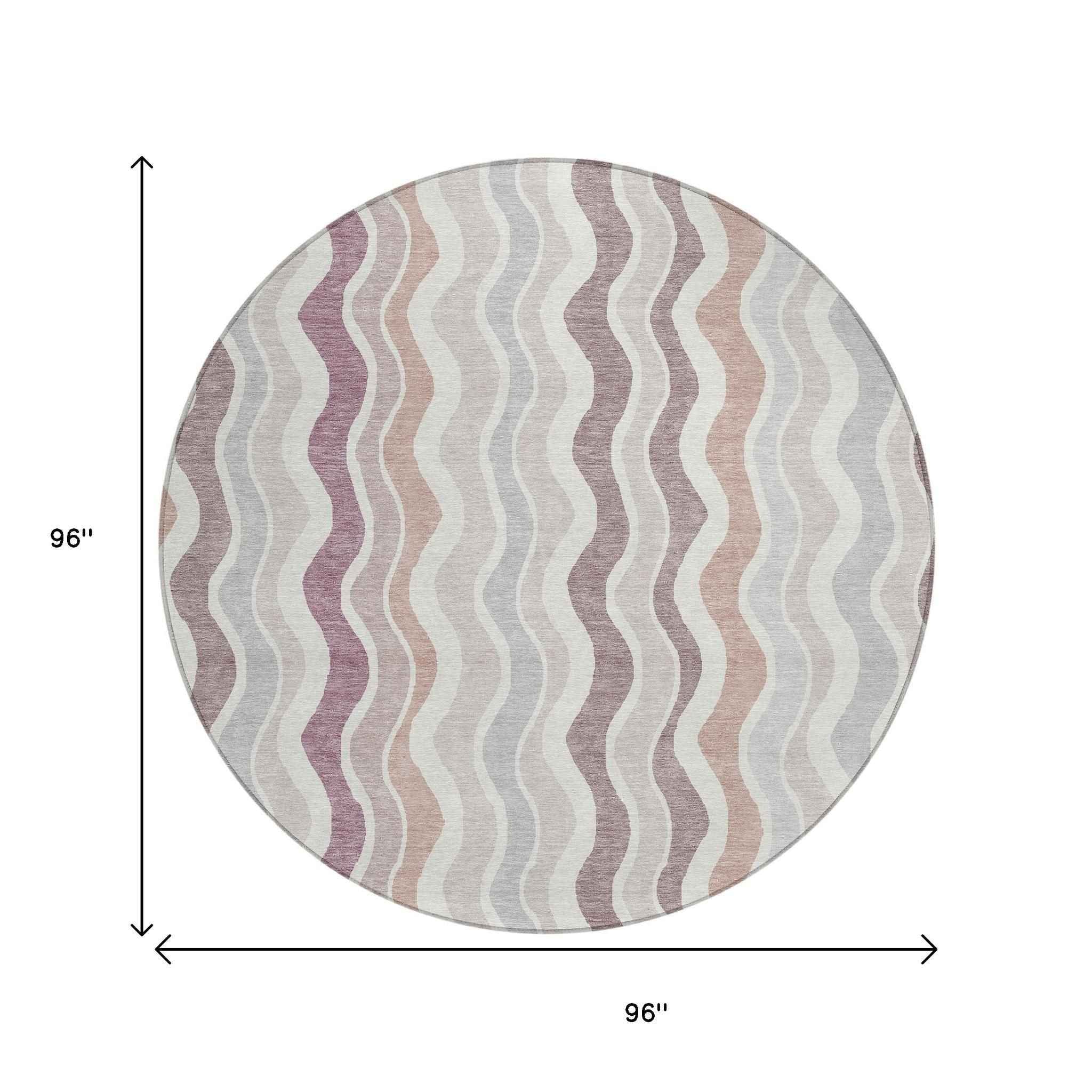 8' Blush Ivory And Taupe Round Striped Washable Indoor Outdoor Area Rug