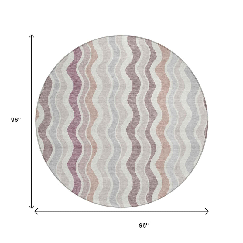 8' Blush Ivory And Taupe Round Striped Washable Indoor Outdoor Area Rug