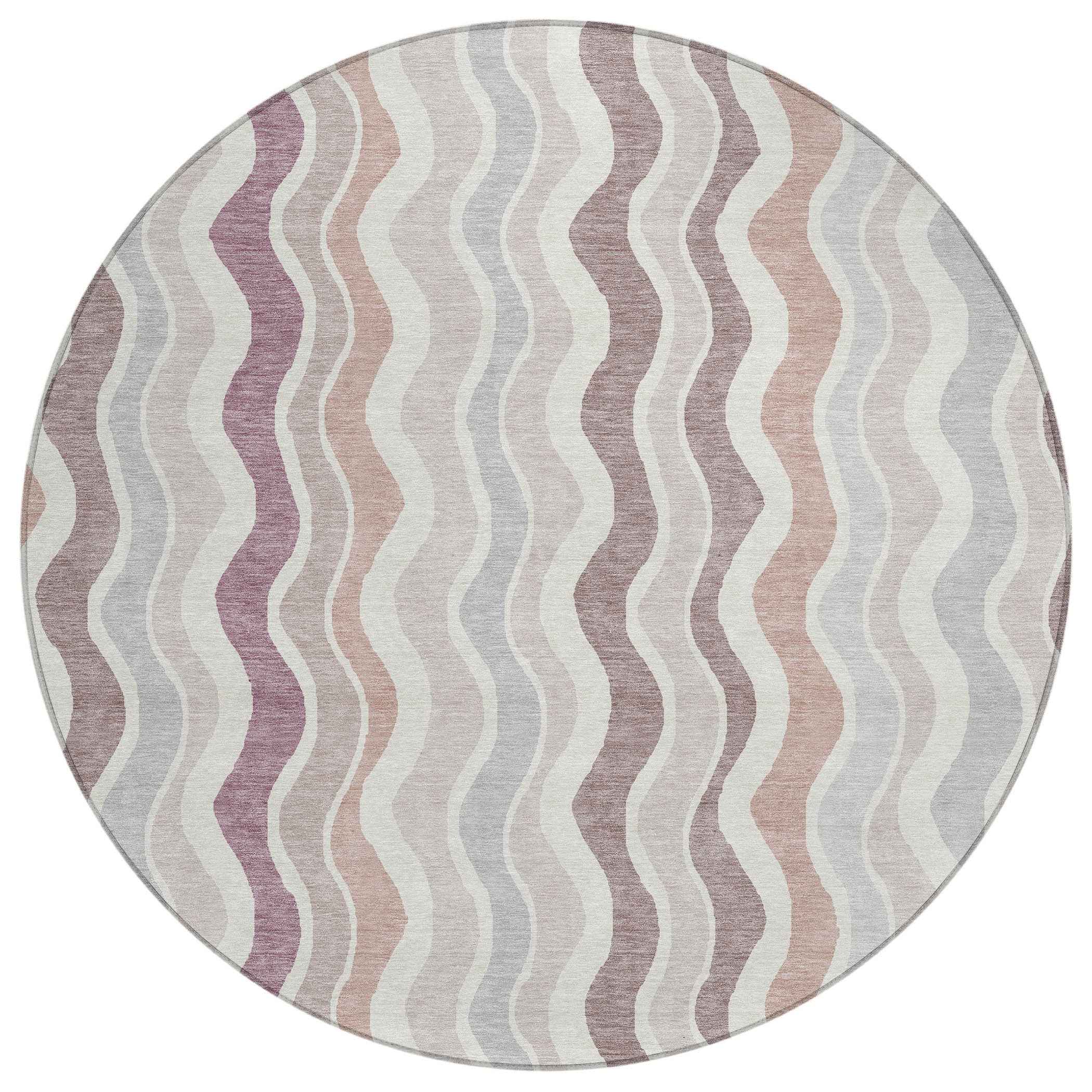 8' Blush Ivory And Taupe Round Striped Washable Indoor Outdoor Area Rug