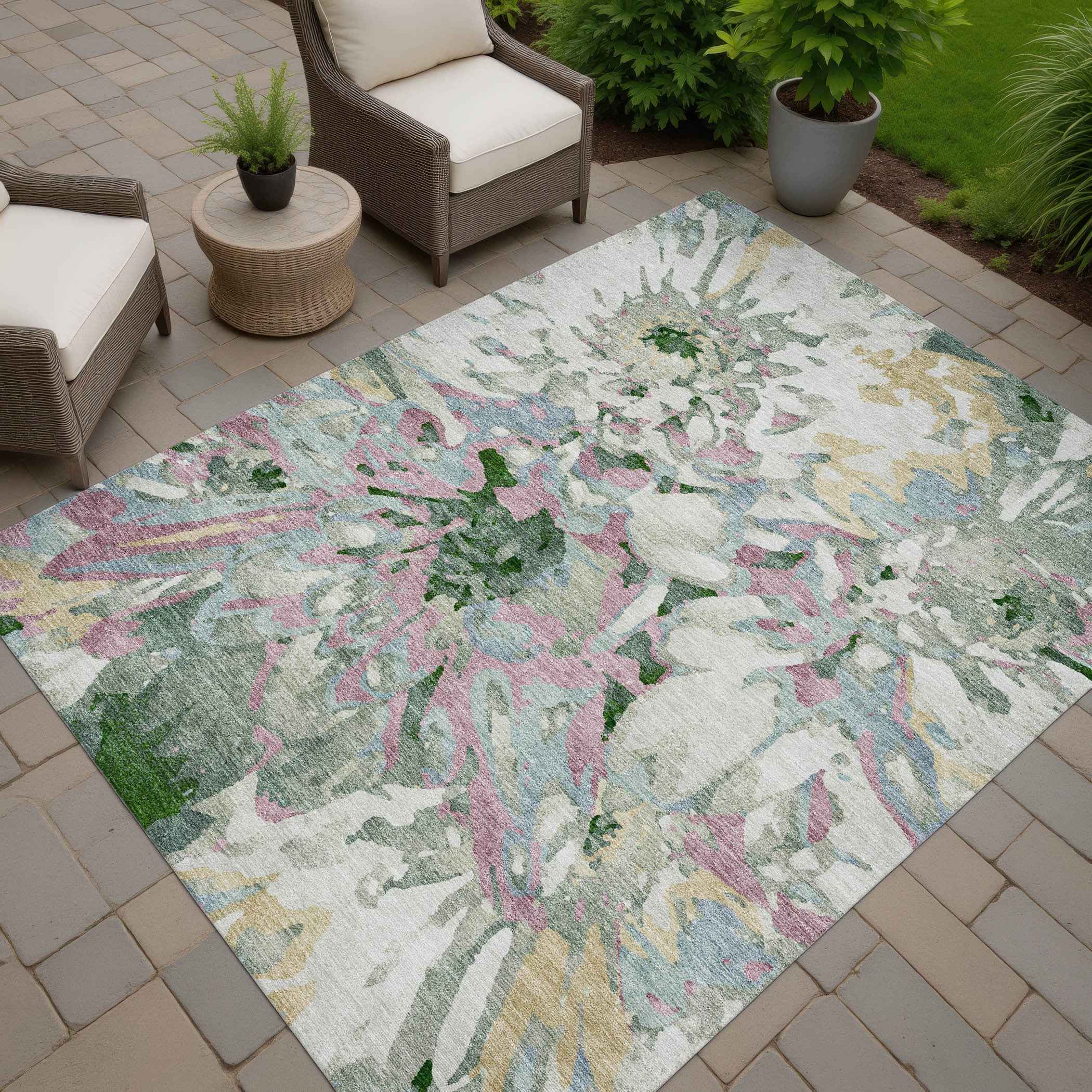 8' X 10' Sage Gold And Emerald Floral Washable Indoor Outdoor Area Rug
