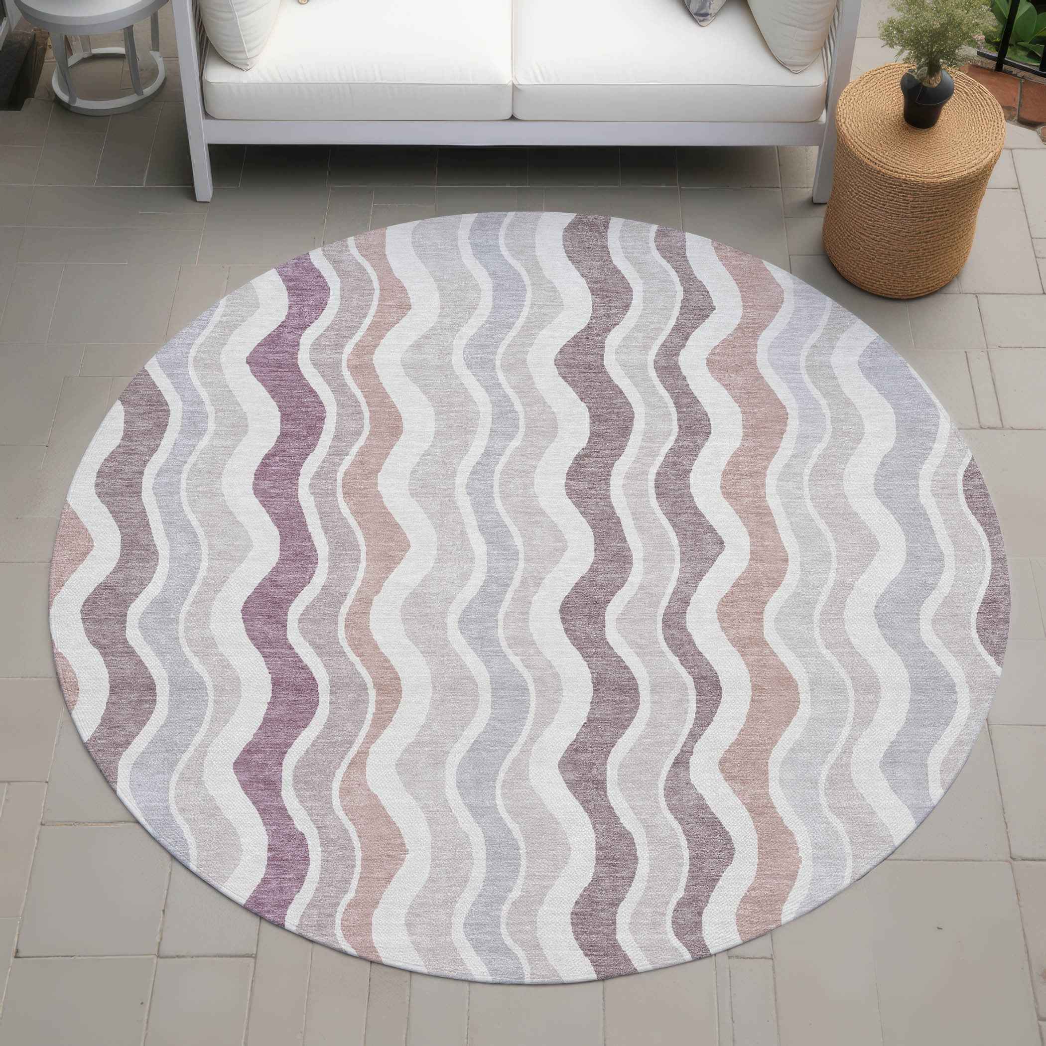 8' Blush Ivory And Taupe Round Striped Washable Indoor Outdoor Area Rug