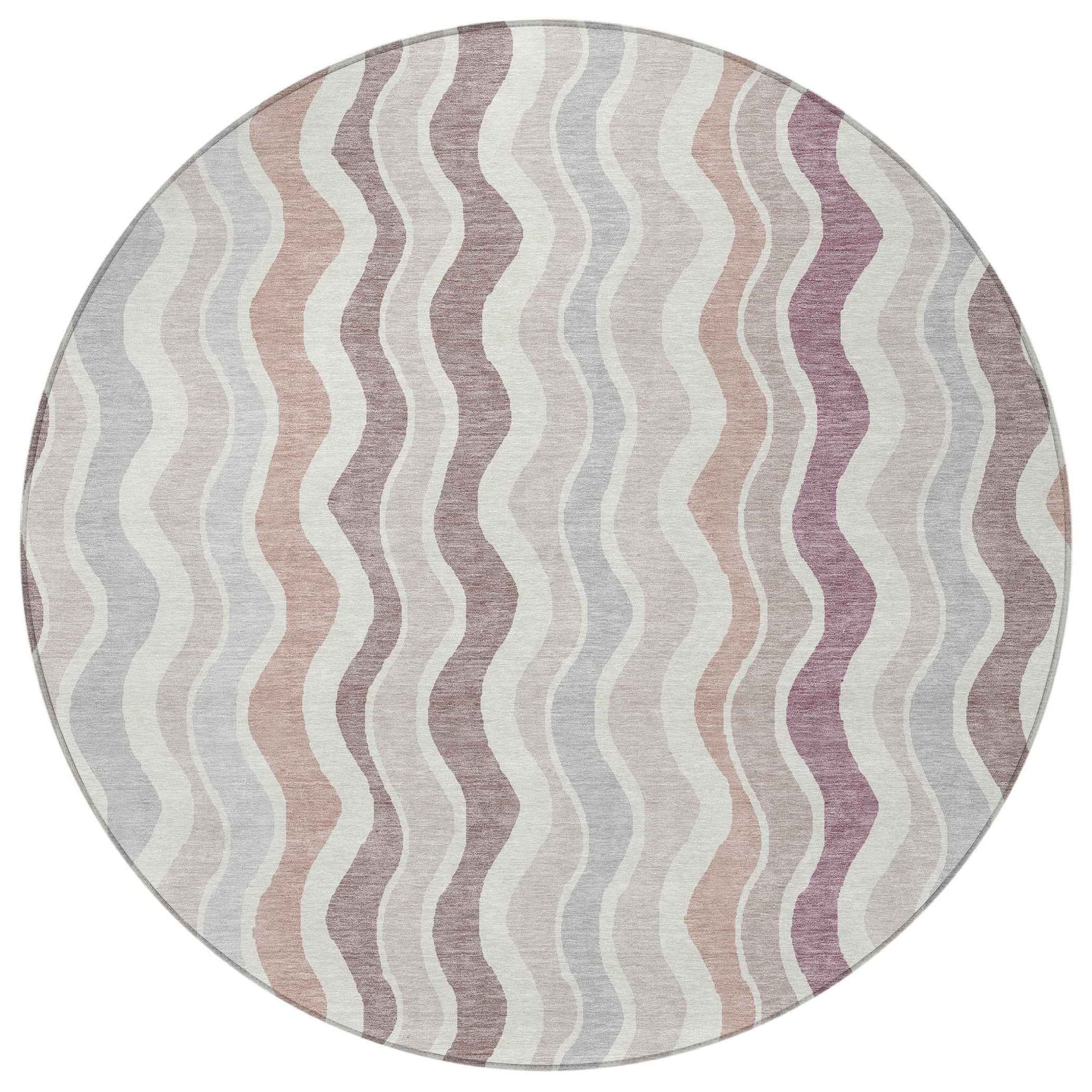 8' Blush Ivory And Taupe Round Striped Washable Indoor Outdoor Area Rug