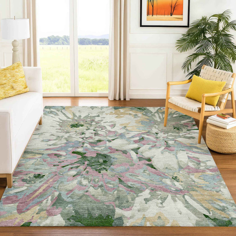 8' X 10' Sage Gold And Emerald Floral Washable Indoor Outdoor Area Rug