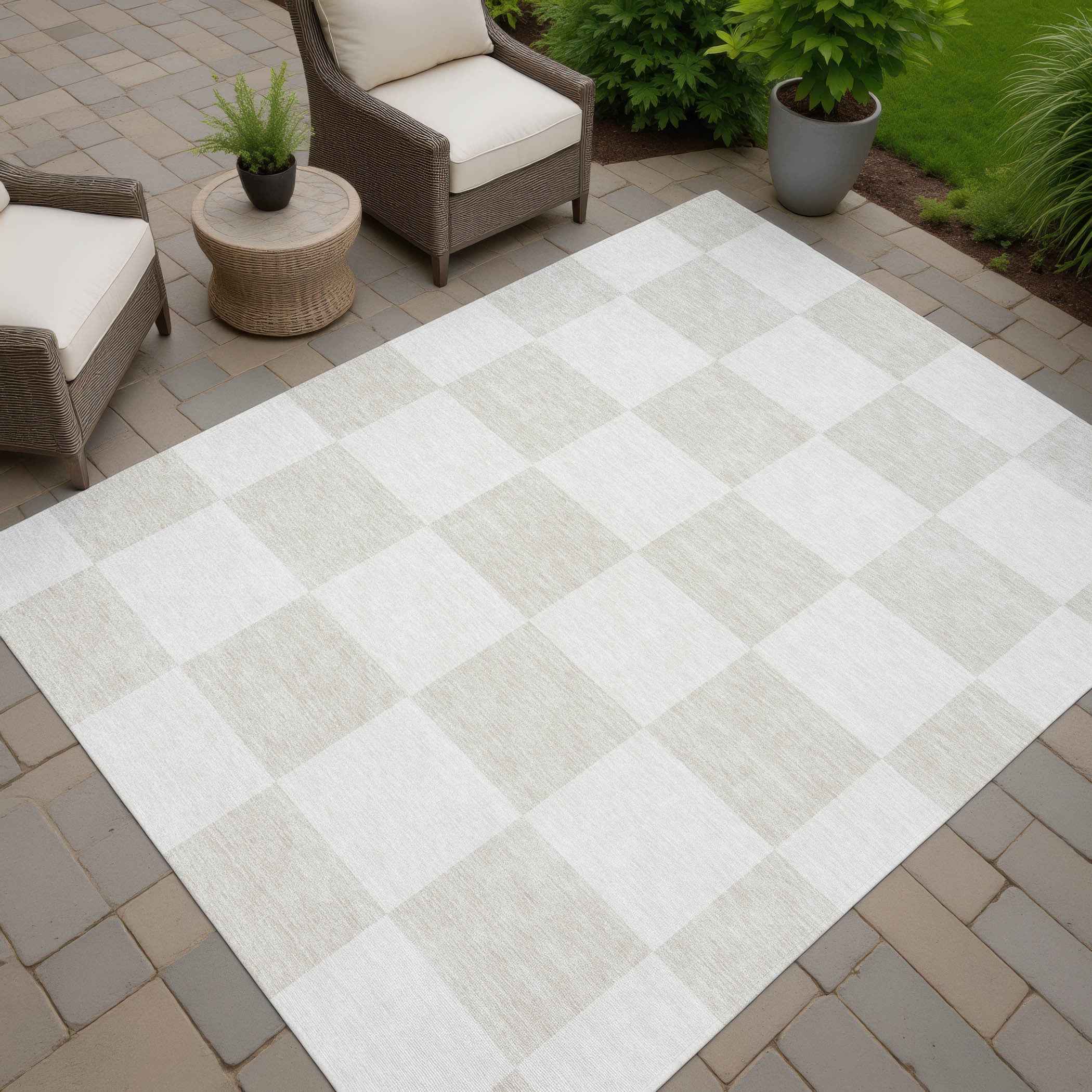 9' X 12' Ivory And Beige Geometric Washable Indoor Outdoor Area Rug