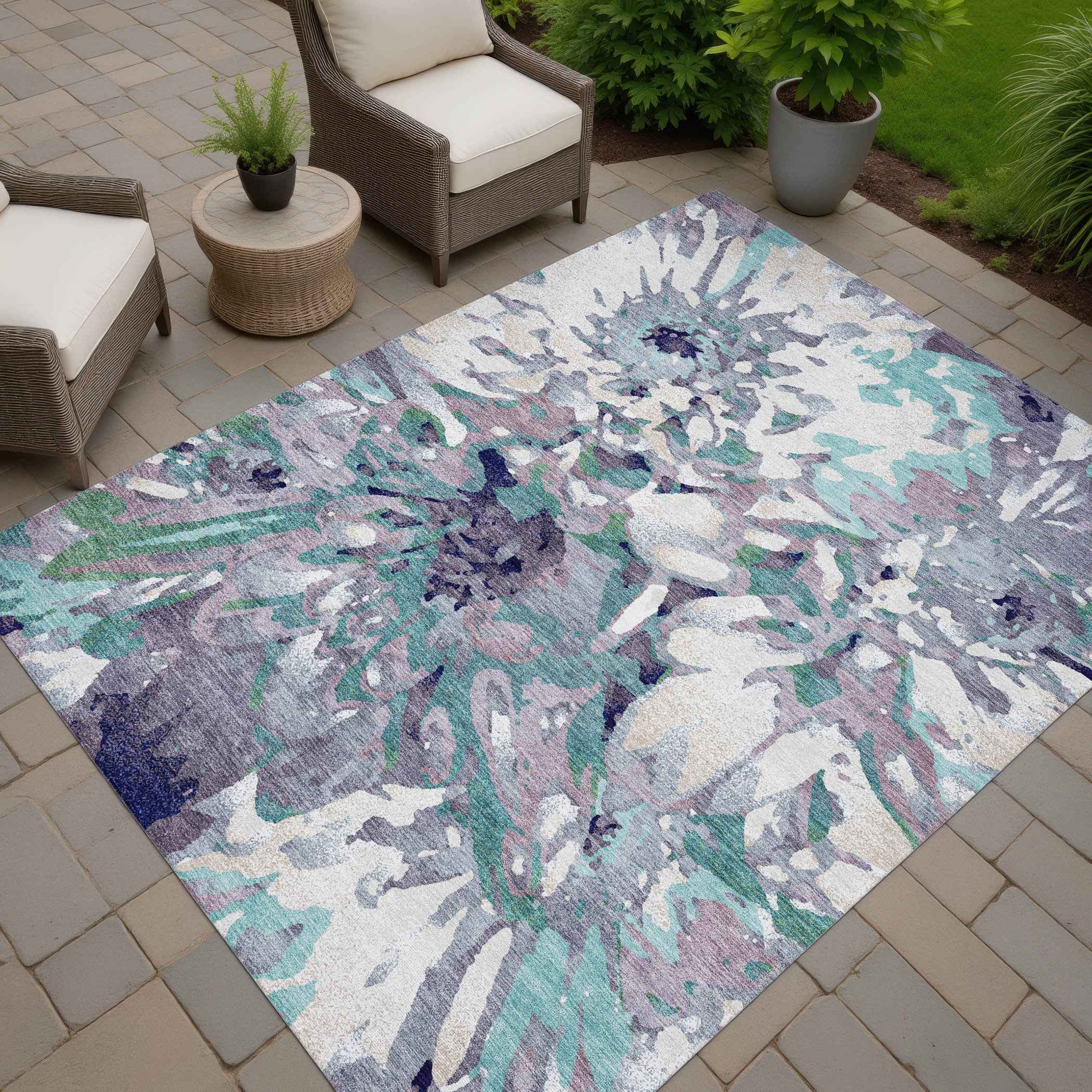 9' X 12' Lavender Gray And Ivory Floral Washable Indoor Outdoor Area Rug