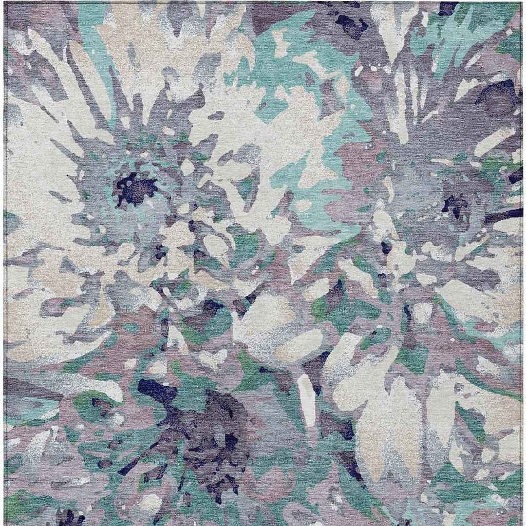 9' X 12' Lavender Gray And Ivory Floral Washable Indoor Outdoor Area Rug