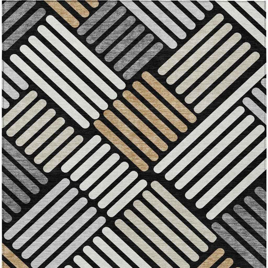 5' X 8' Black Beige And Ivory Geometric Washable Indoor Outdoor Area Rug