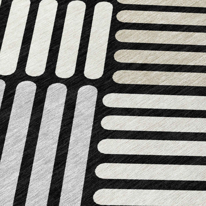 5' X 8' Black Beige And Ivory Geometric Washable Indoor Outdoor Area Rug