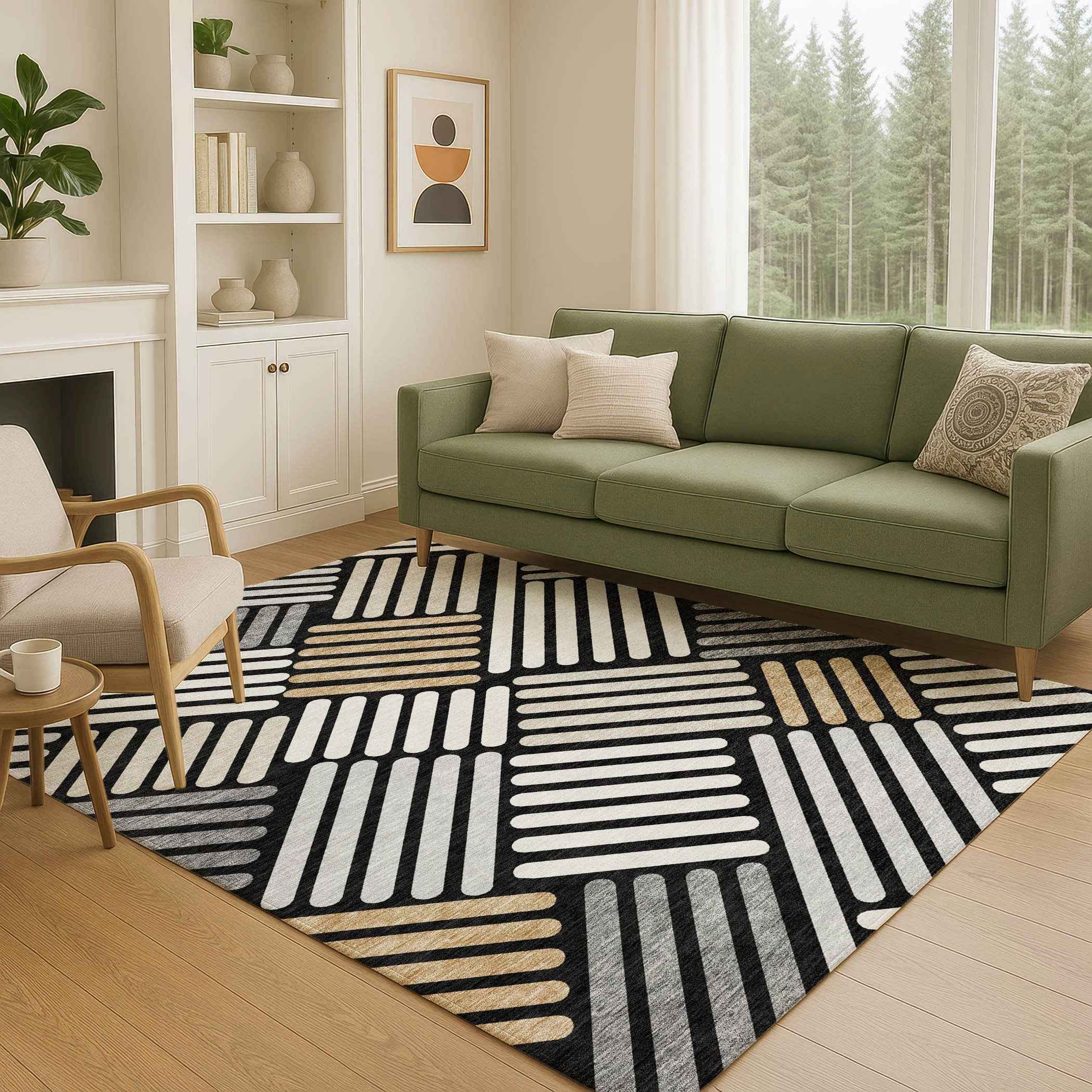 5' X 8' Black Beige And Ivory Geometric Washable Indoor Outdoor Area Rug