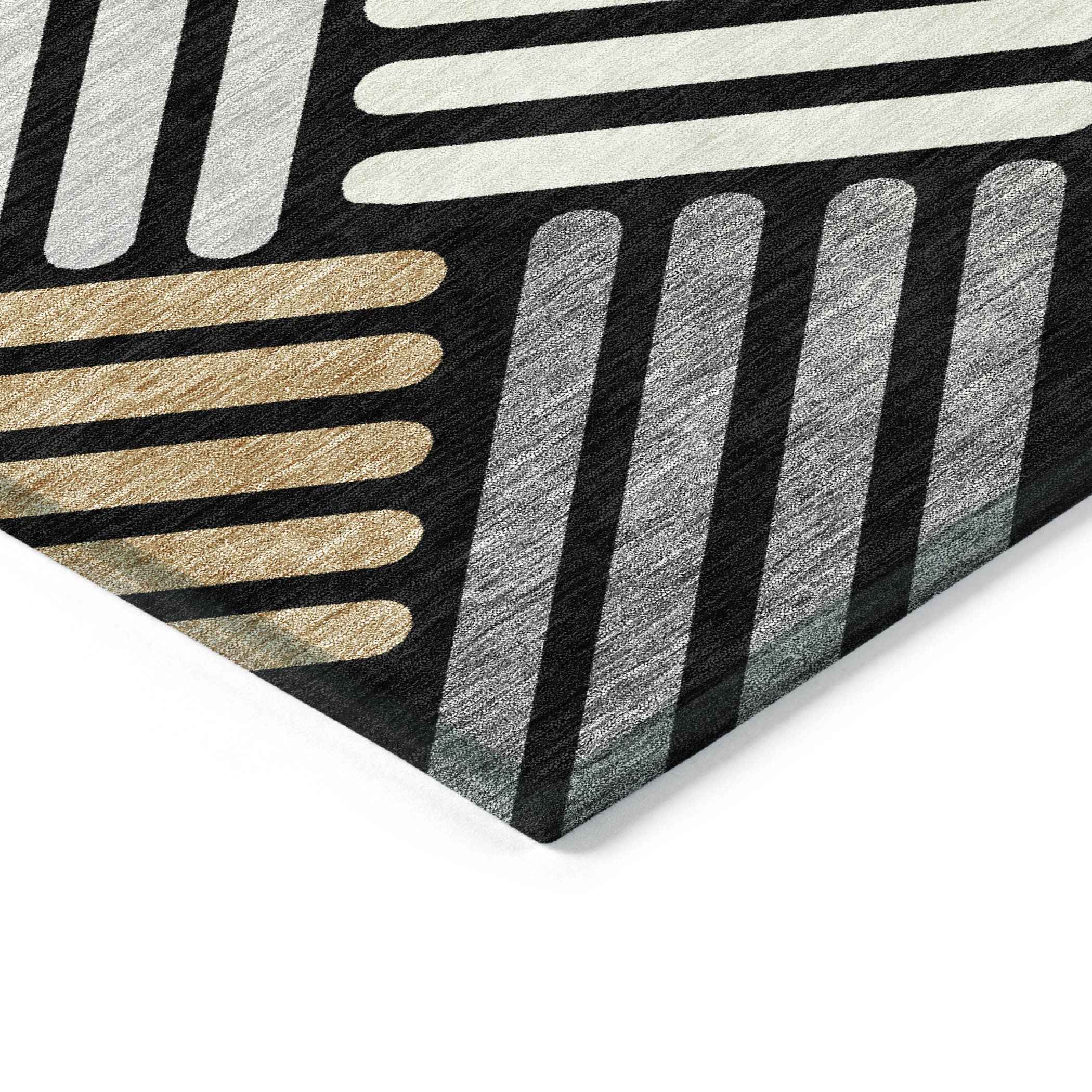 5' X 8' Black Beige And Ivory Geometric Washable Indoor Outdoor Area Rug