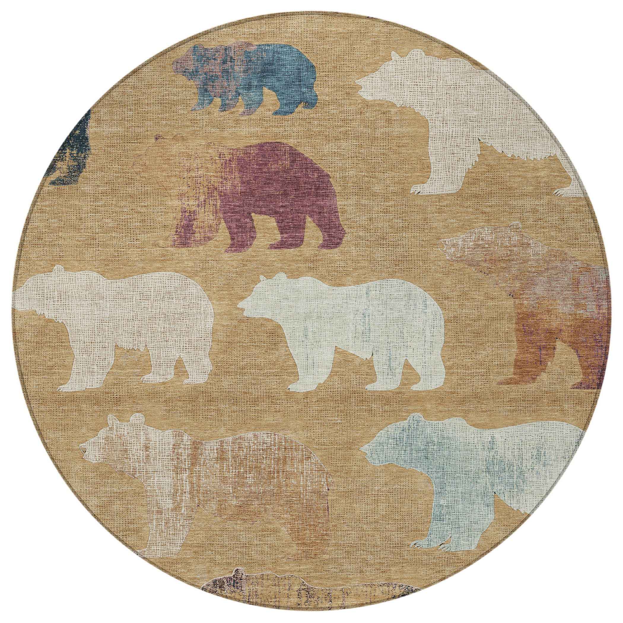8' Gold Ivory And Blue Round Animal Print Washable Indoor Outdoor Area Rug