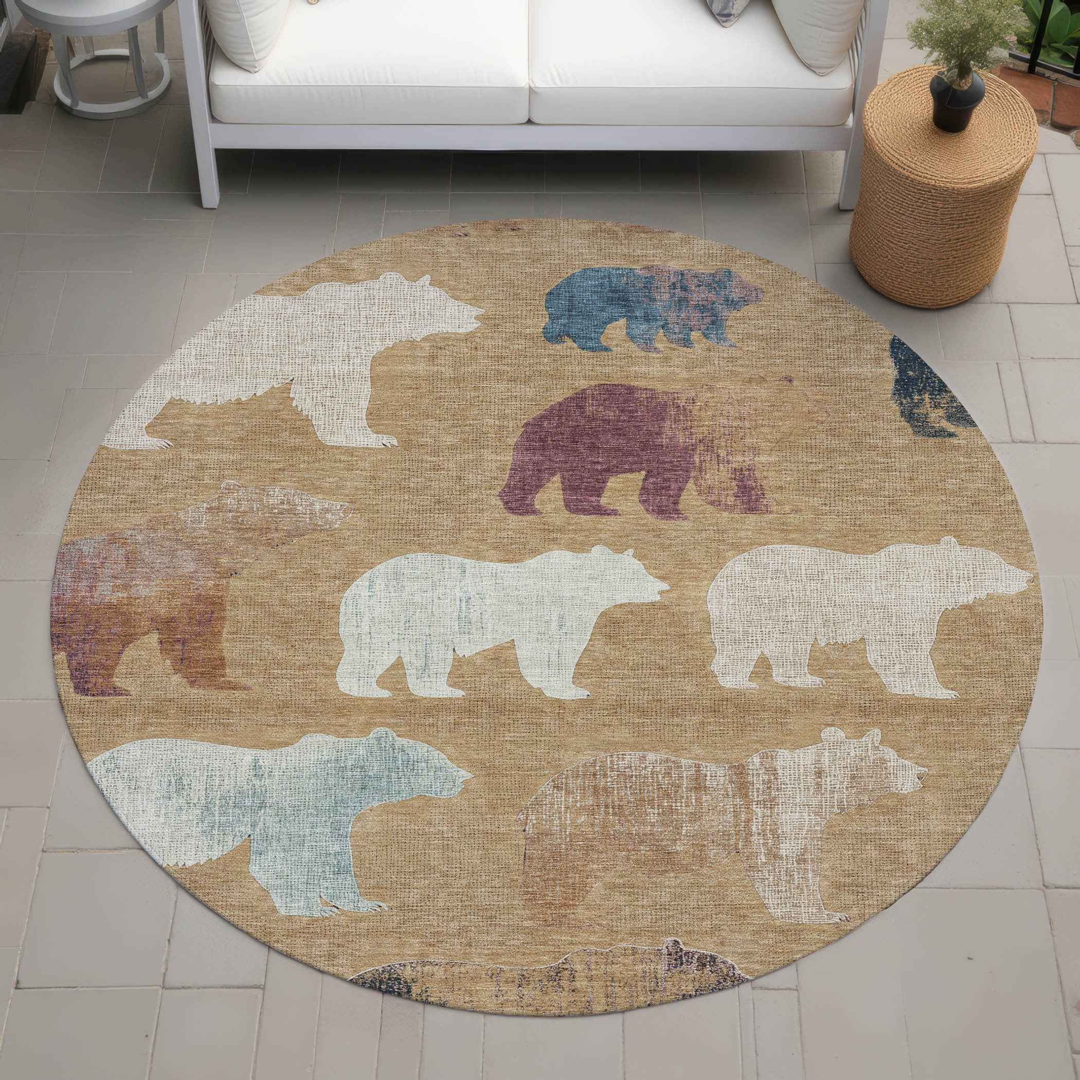 8' Gold Ivory And Blue Round Animal Print Washable Indoor Outdoor Area Rug