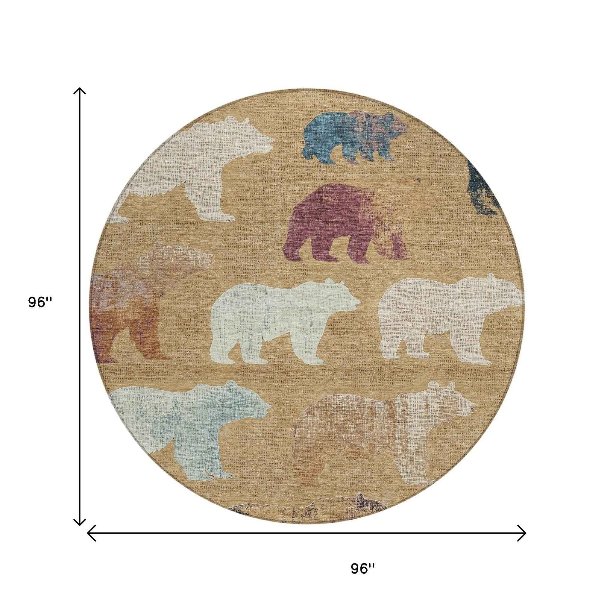 8' Gold Ivory And Blue Round Animal Print Washable Indoor Outdoor Area Rug