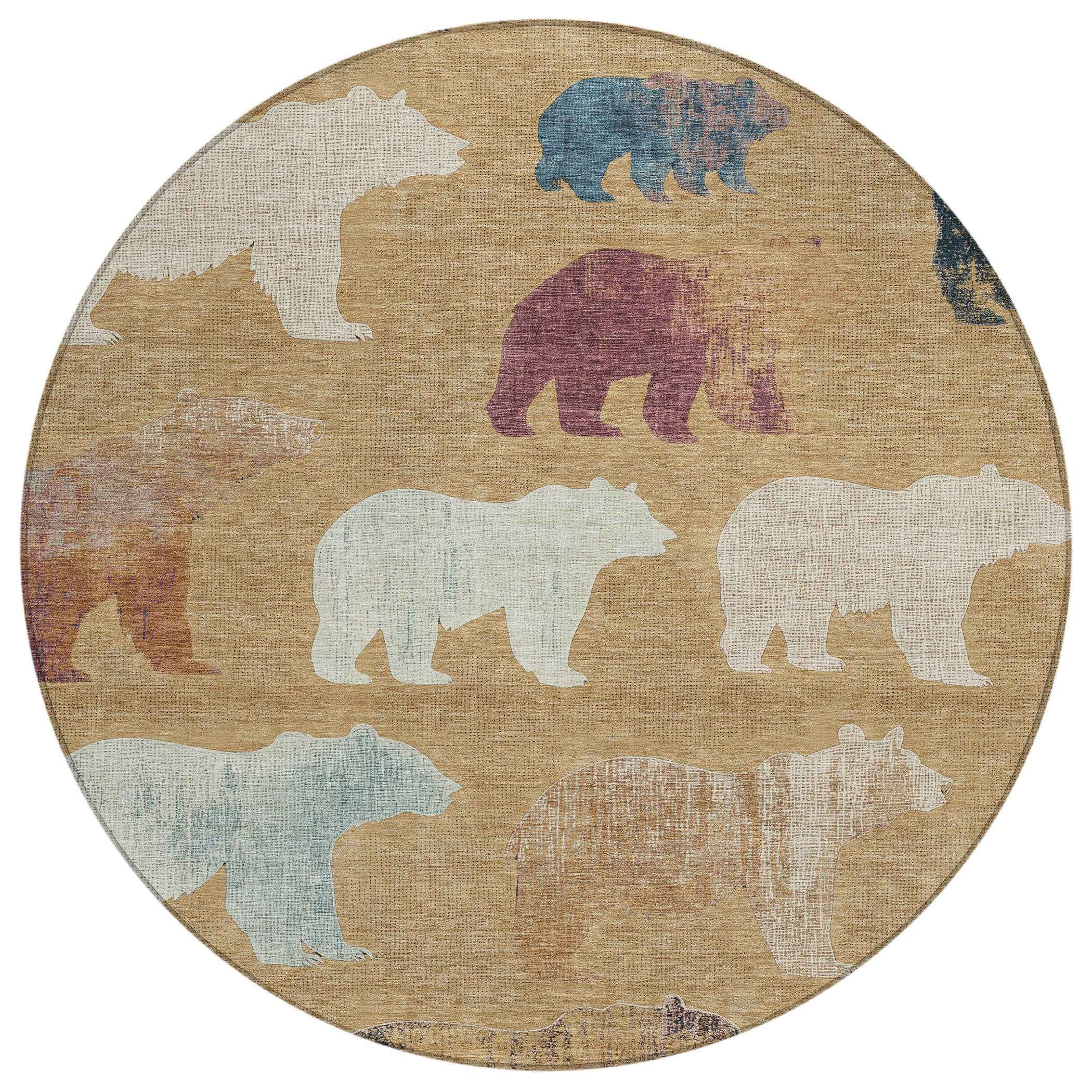 8' Gold Ivory And Blue Round Animal Print Washable Indoor Outdoor Area Rug