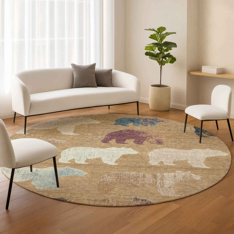 8' Gold Ivory And Blue Round Animal Print Washable Indoor Outdoor Area Rug