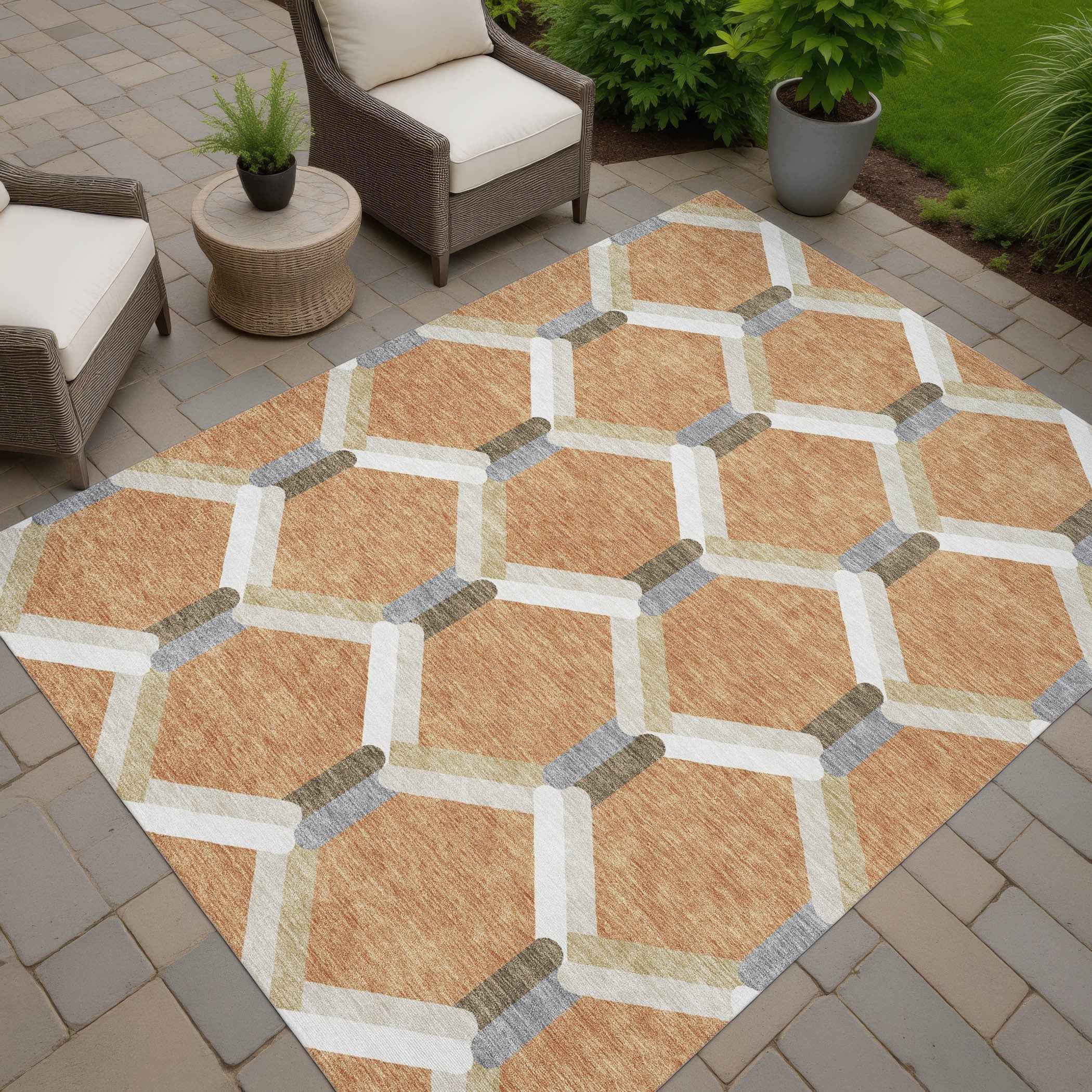 10' X 14' Copper Ivory And Gray Geometric Washable Indoor Outdoor Area Rug
