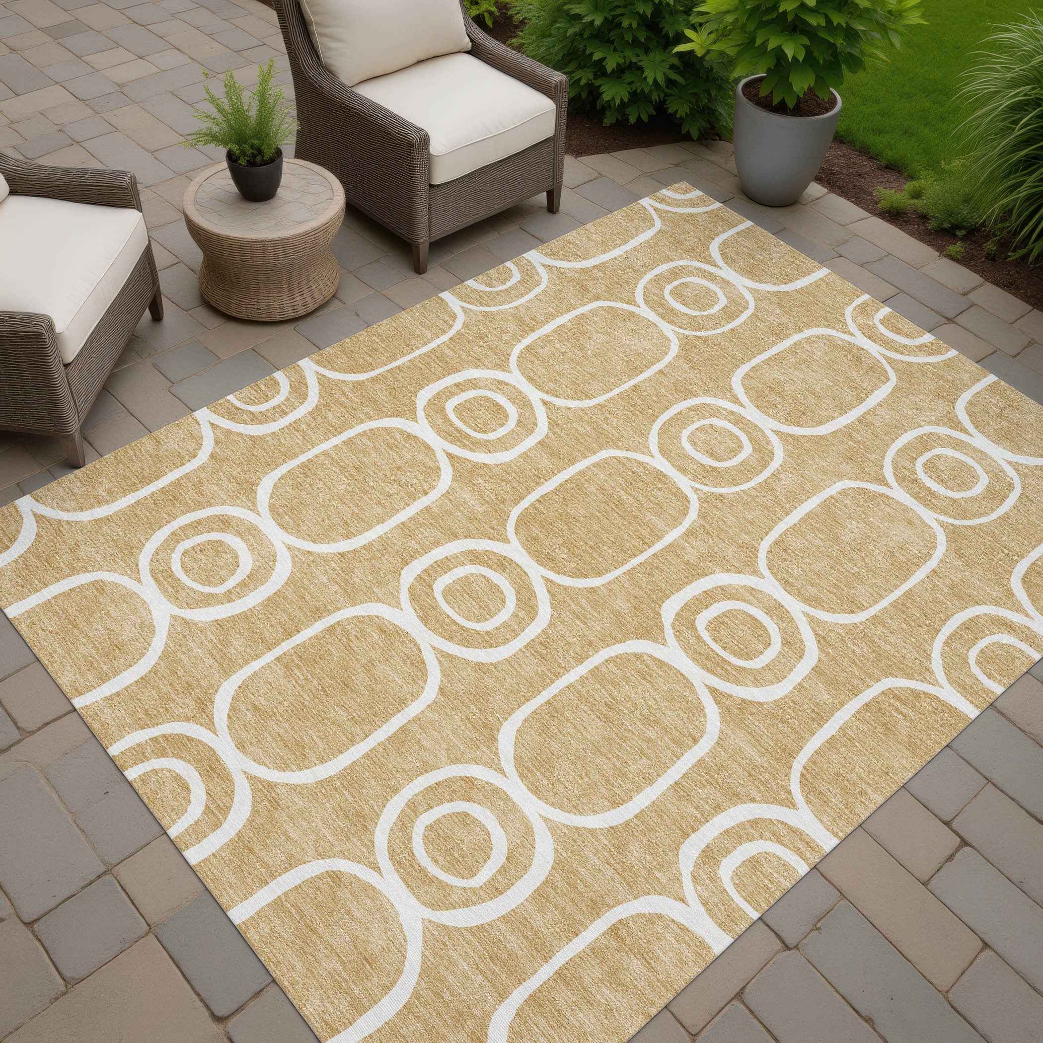8' X 10' Gold And Ivory Geometric Washable Indoor Outdoor Area Rug