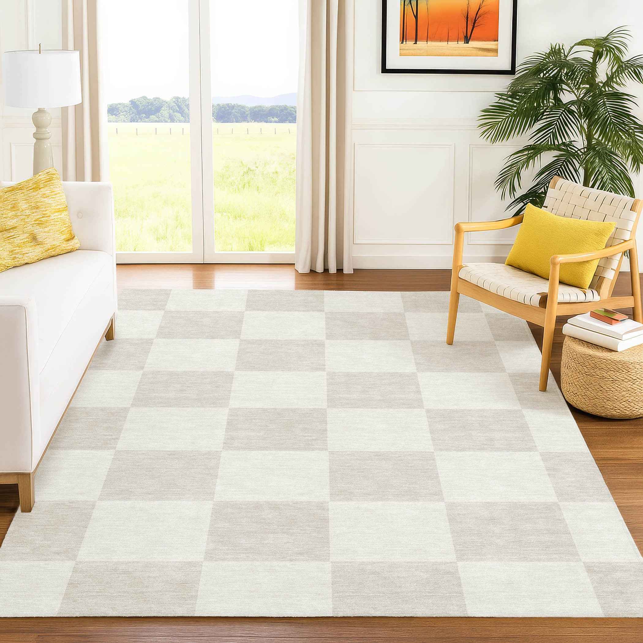 5' X 8' Ivory And Beige Geometric Washable Indoor Outdoor Area Rug