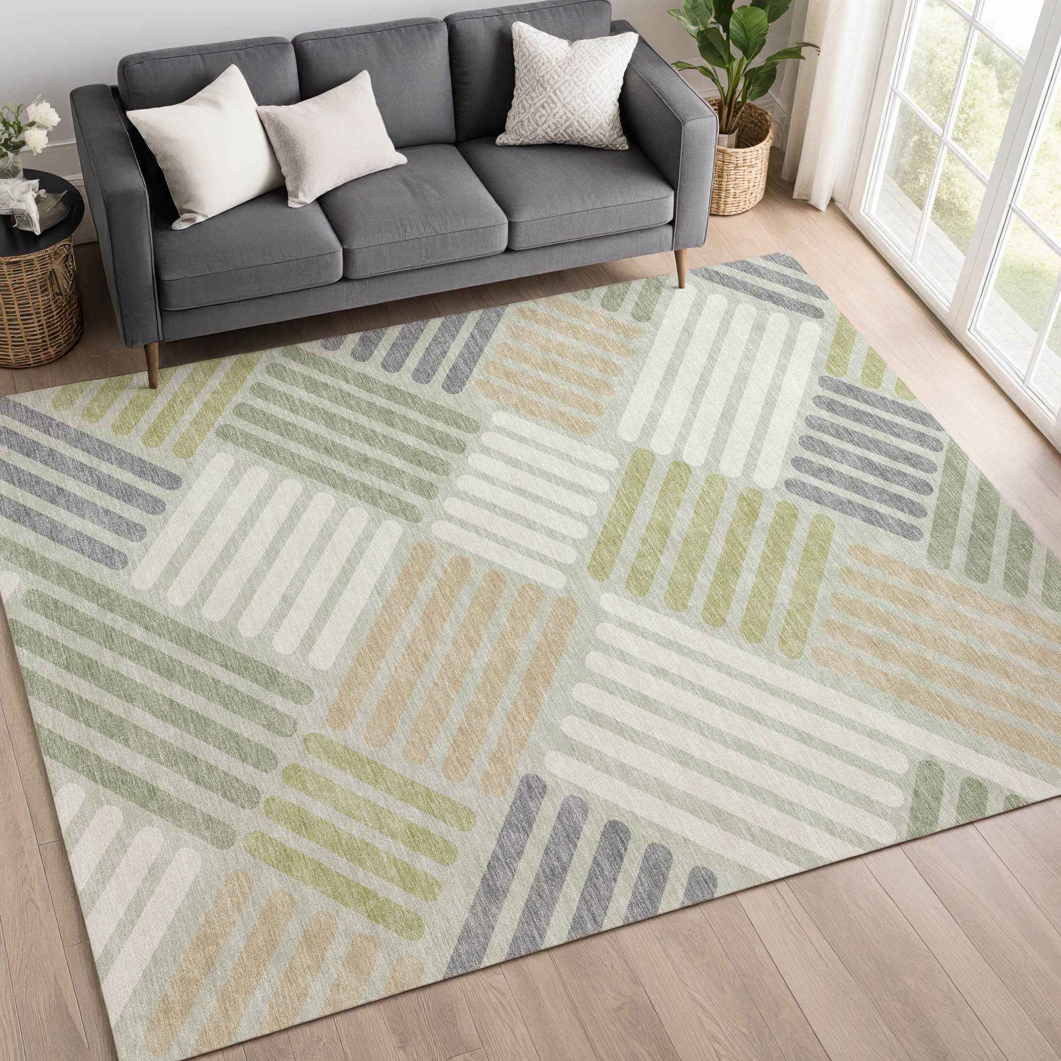 8' X 10' Artichoke Green Ivory And Gray Geometric Washable Indoor Outdoor Area Rug