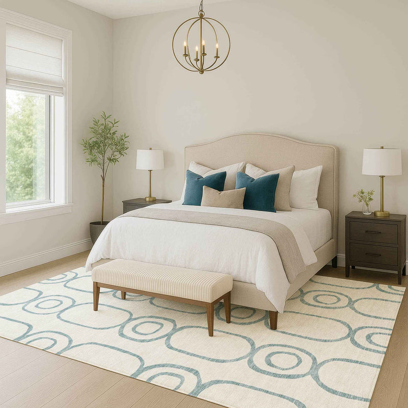 3' X 5' Teal Blue And Ivory Geometric Washable Indoor Outdoor Area Rug