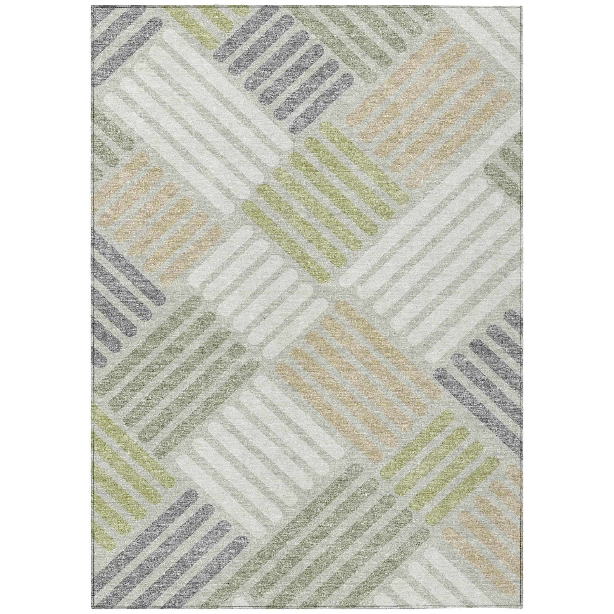 8' X 10' Artichoke Green Ivory And Gray Geometric Washable Indoor Outdoor Area Rug