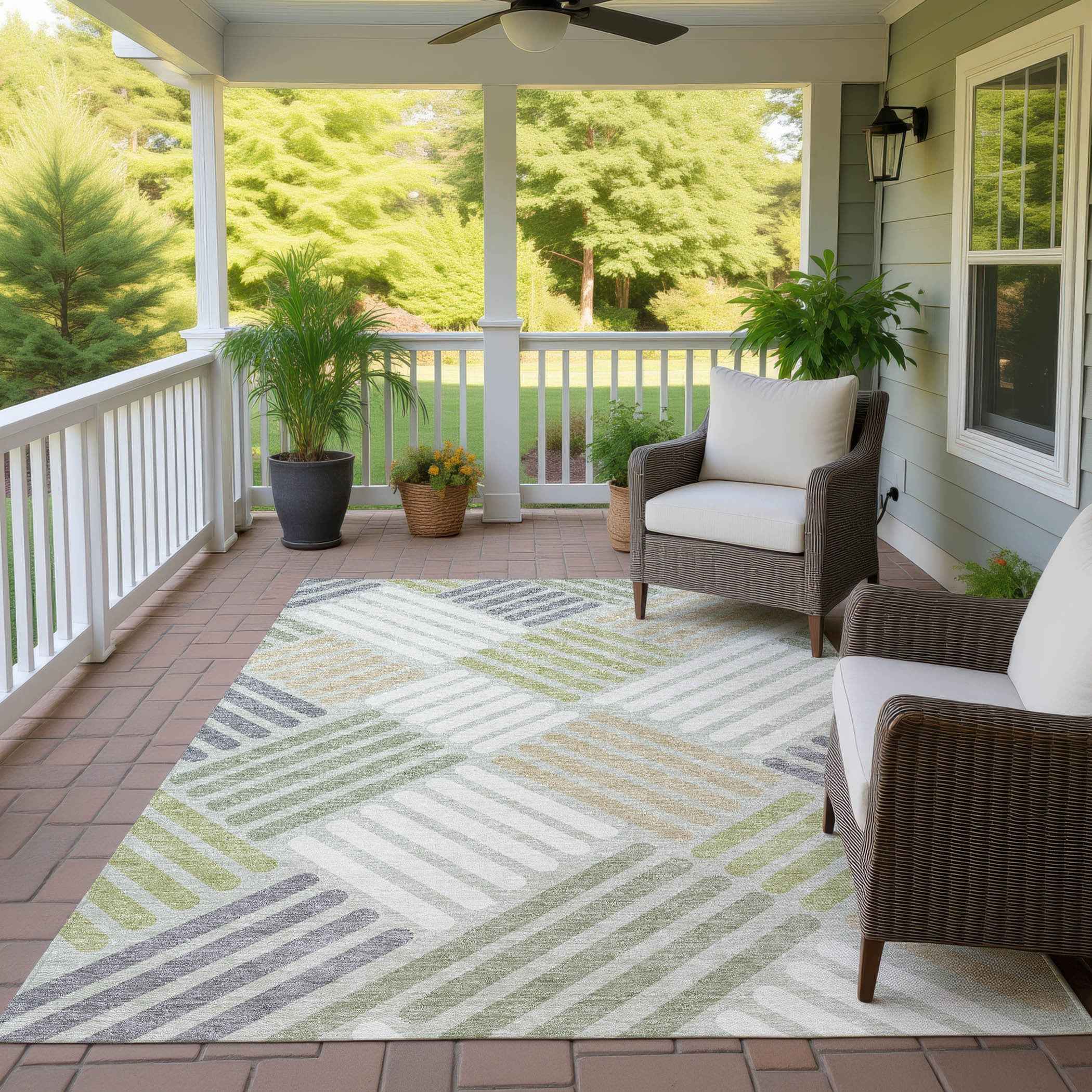8' X 10' Artichoke Green Ivory And Gray Geometric Washable Indoor Outdoor Area Rug