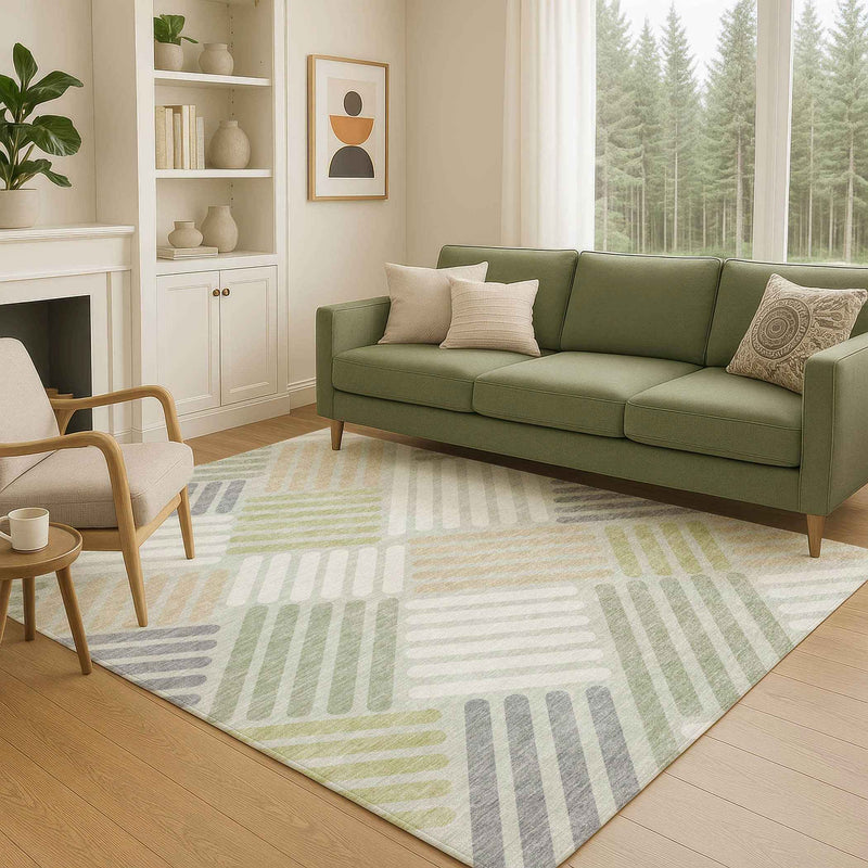 8' X 10' Artichoke Green Ivory And Gray Geometric Washable Indoor Outdoor Area Rug