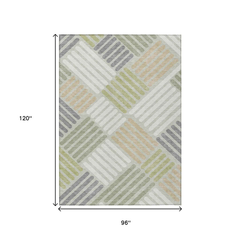 8' X 10' Artichoke Green Ivory And Gray Geometric Washable Indoor Outdoor Area Rug