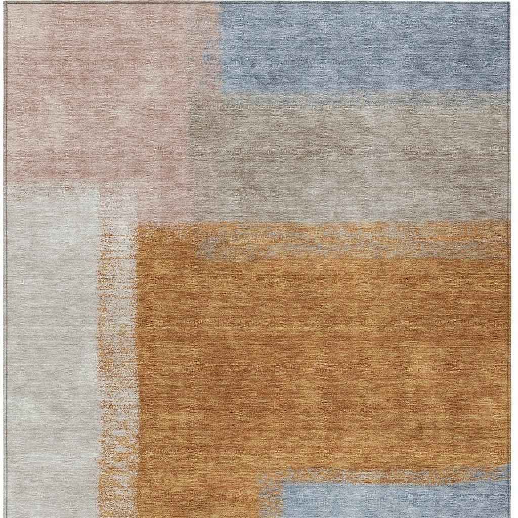 9' X 12' Rust Ivory And Blue Abstract Washable Indoor Outdoor Area Rug
