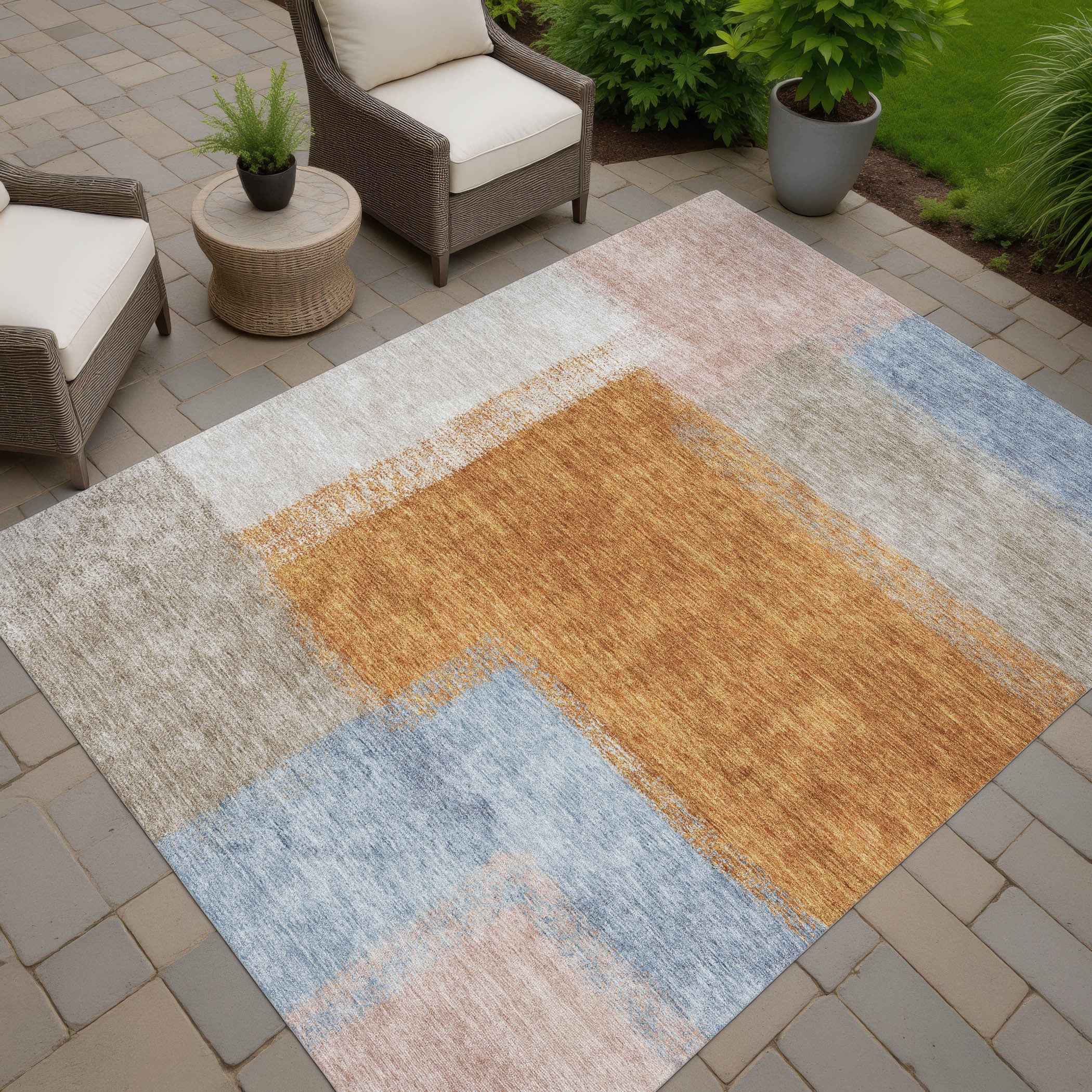9' X 12' Rust Ivory And Blue Abstract Washable Indoor Outdoor Area Rug