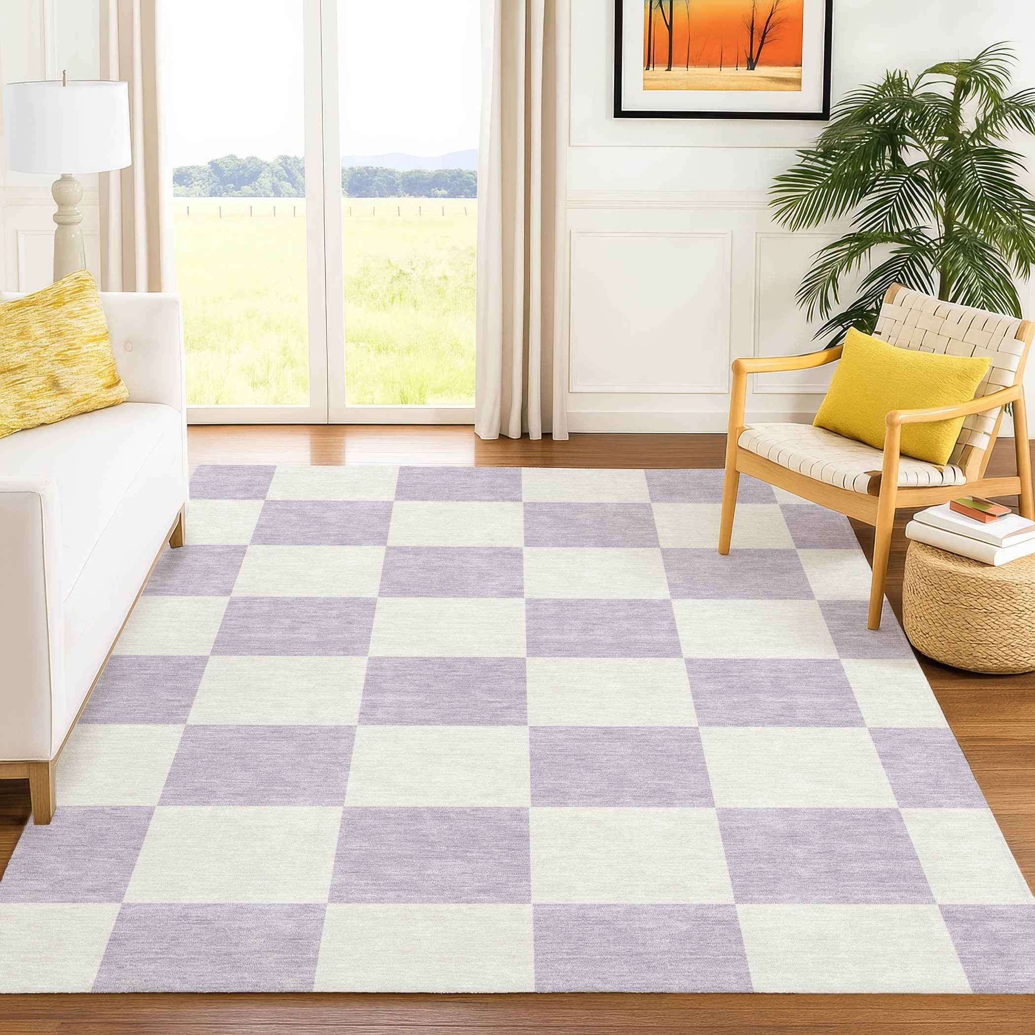 5' X 8' Lavender And Ivory Geometric Washable Indoor Outdoor Area Rug