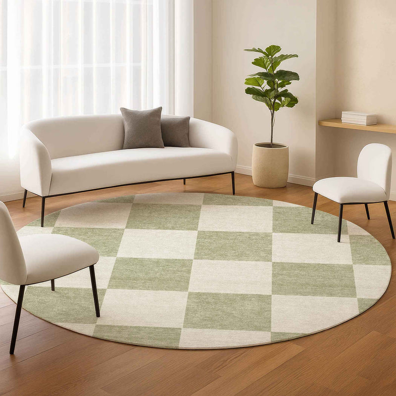 8' Artichoke Green And Ivory Round Geometric Washable Indoor Outdoor Area Rug