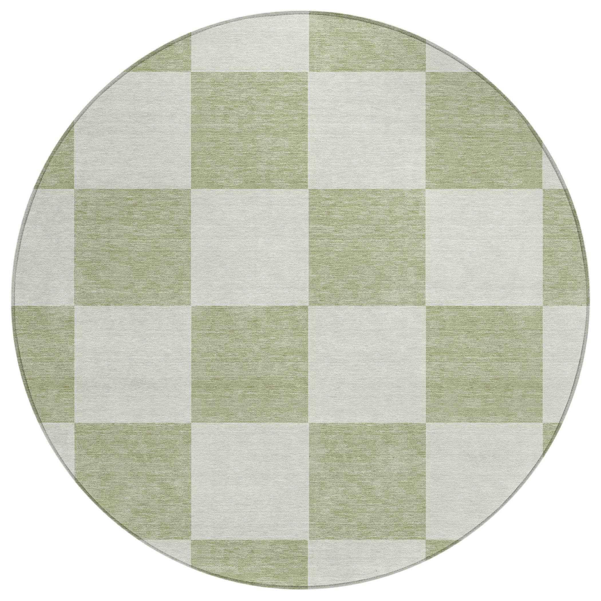 8' Artichoke Green And Ivory Round Geometric Washable Indoor Outdoor Area Rug