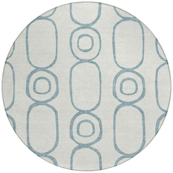 8' Teal Blue And Ivory Round Geometric Washable Indoor Outdoor Area Rug