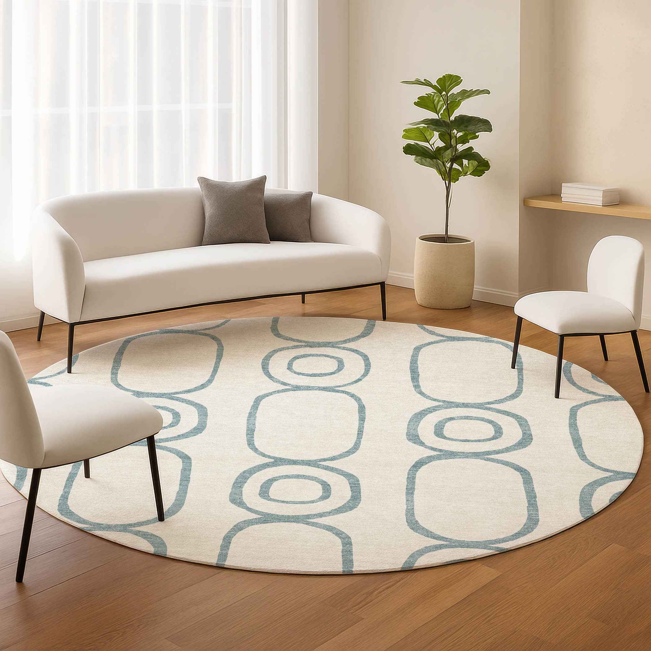 8' Teal Blue And Ivory Round Geometric Washable Indoor Outdoor Area Rug