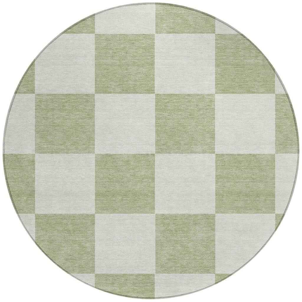 8' Artichoke Green And Ivory Round Geometric Washable Indoor Outdoor Area Rug