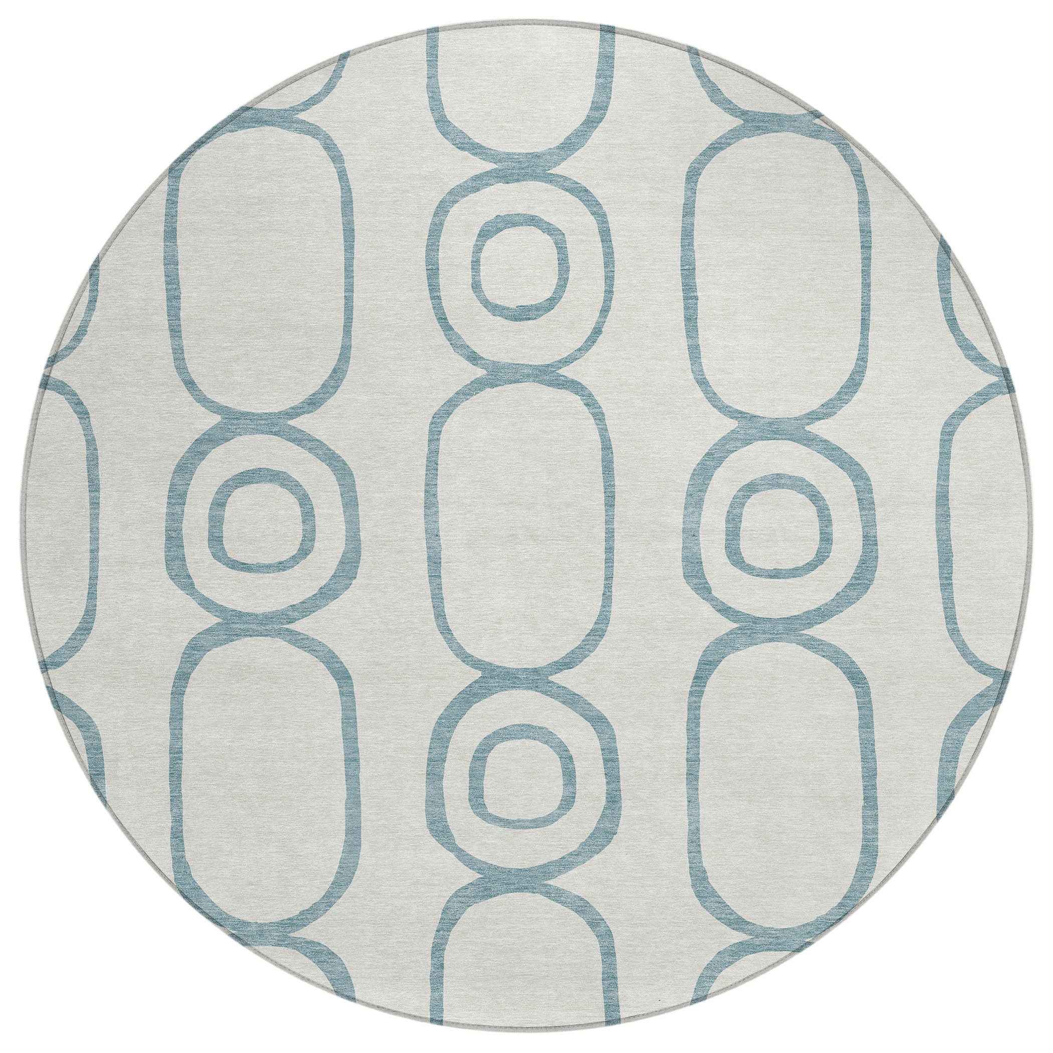 8' Teal Blue And Ivory Round Geometric Washable Indoor Outdoor Area Rug