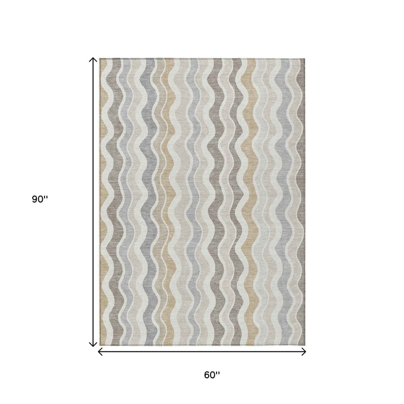 5' X 8' Ivory Khaki And Beige Striped Washable Indoor Outdoor Area Rug