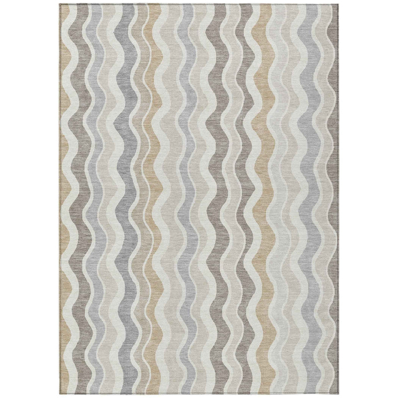 5' X 8' Ivory Khaki And Beige Striped Washable Indoor Outdoor Area Rug