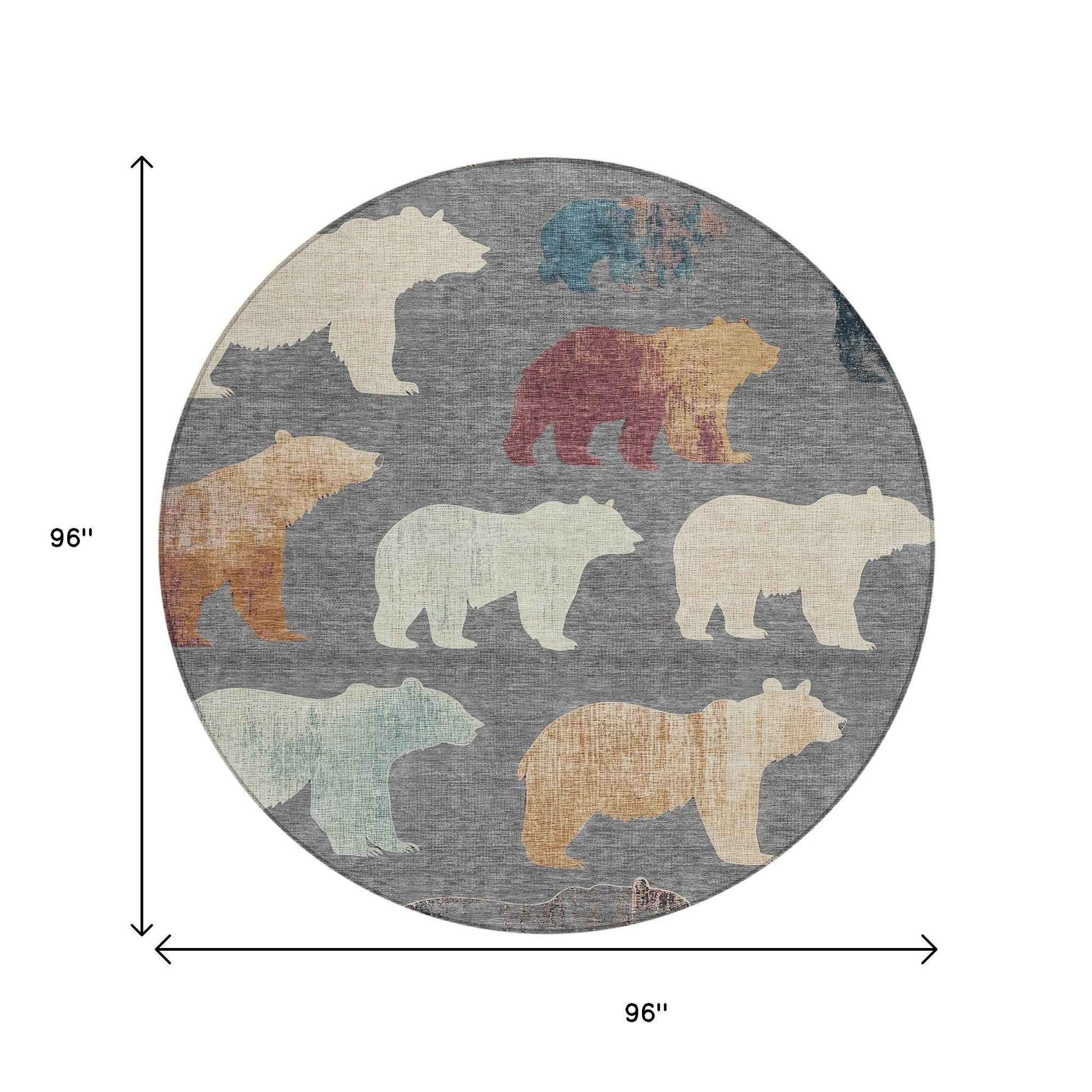 8' Gray Ivory And Beige Round Animal Print Washable Indoor Outdoor Area Rug