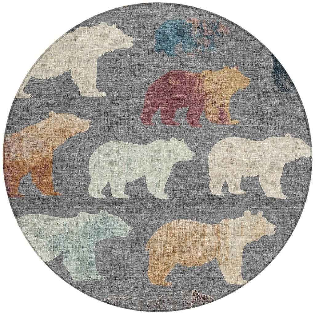 8' Gray Ivory And Beige Round Animal Print Washable Indoor Outdoor Area Rug