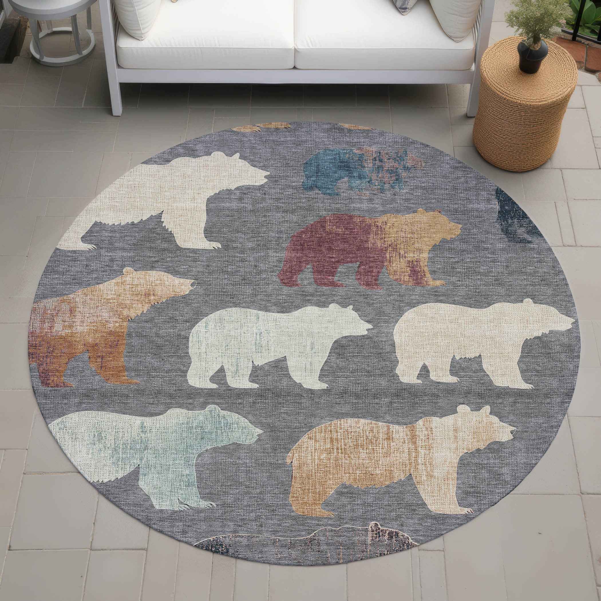 8' Gray Ivory And Beige Round Animal Print Washable Indoor Outdoor Area Rug