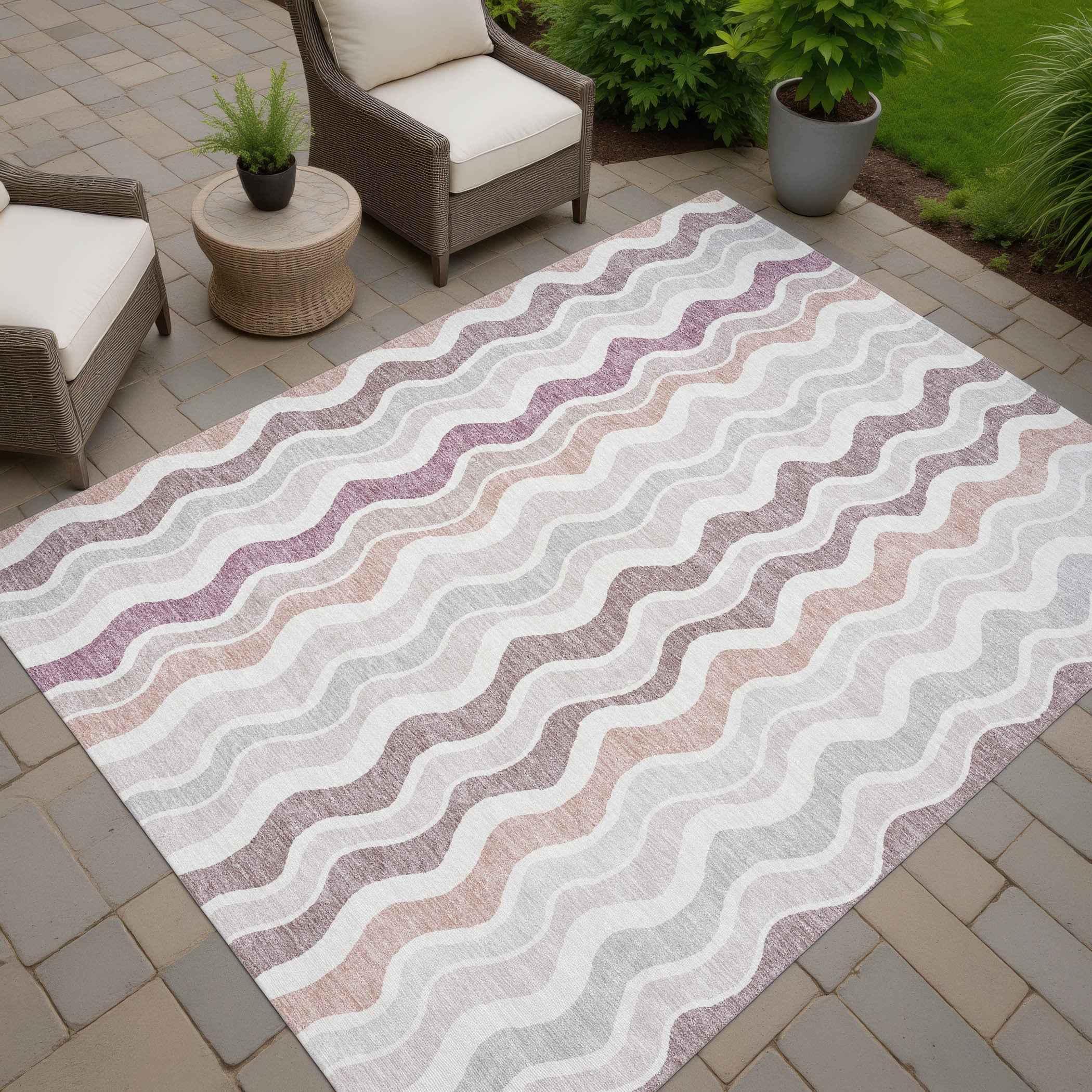 8' X 10' Blush Ivory And Taupe Striped Washable Indoor Outdoor Area Rug