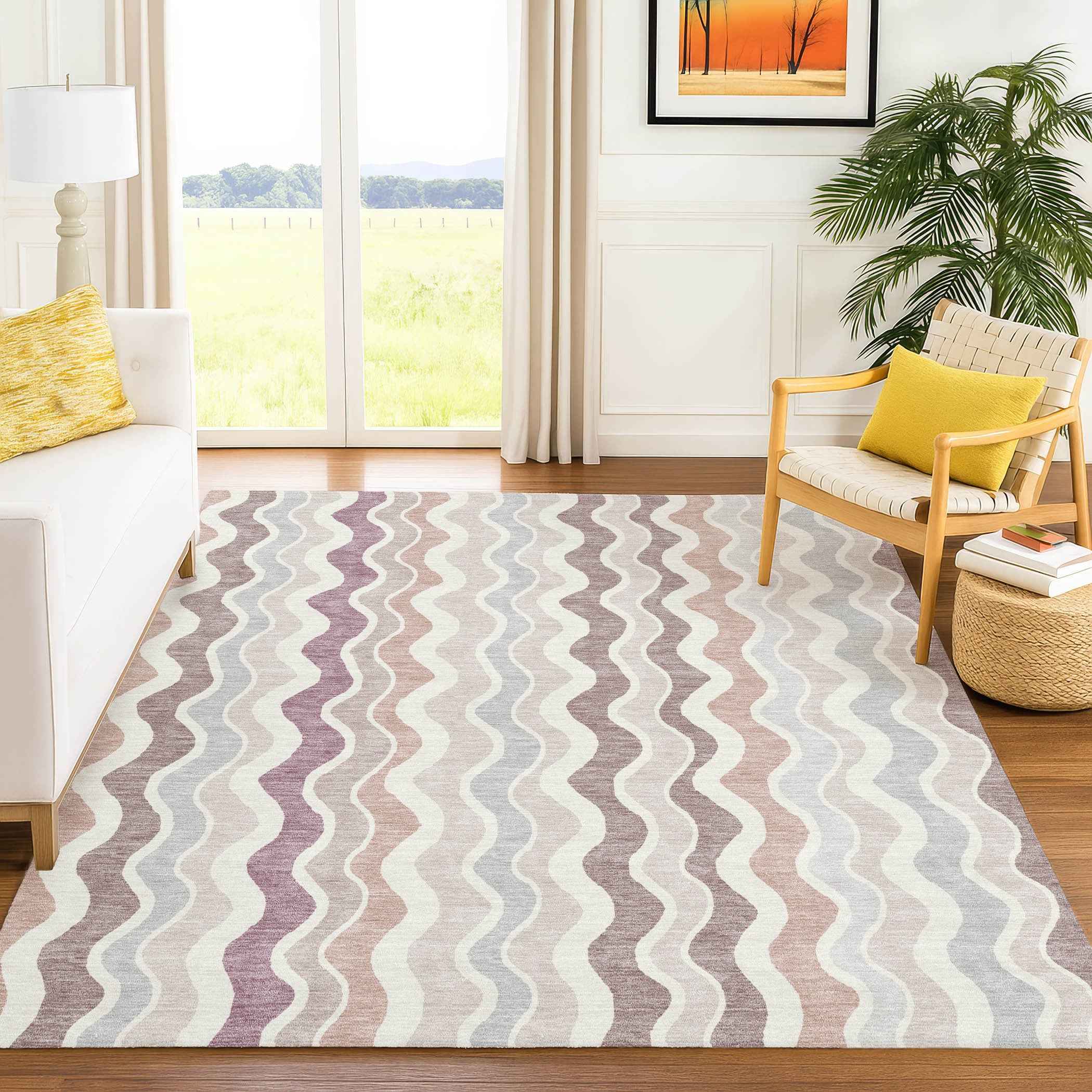 8' X 10' Blush Ivory And Taupe Striped Washable Indoor Outdoor Area Rug