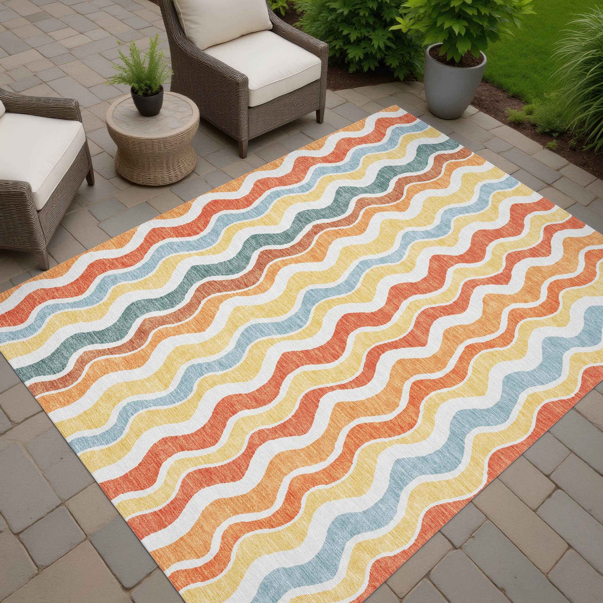 3' X 5' Coral Ivory And Gold Striped Washable Indoor Outdoor Area Rug