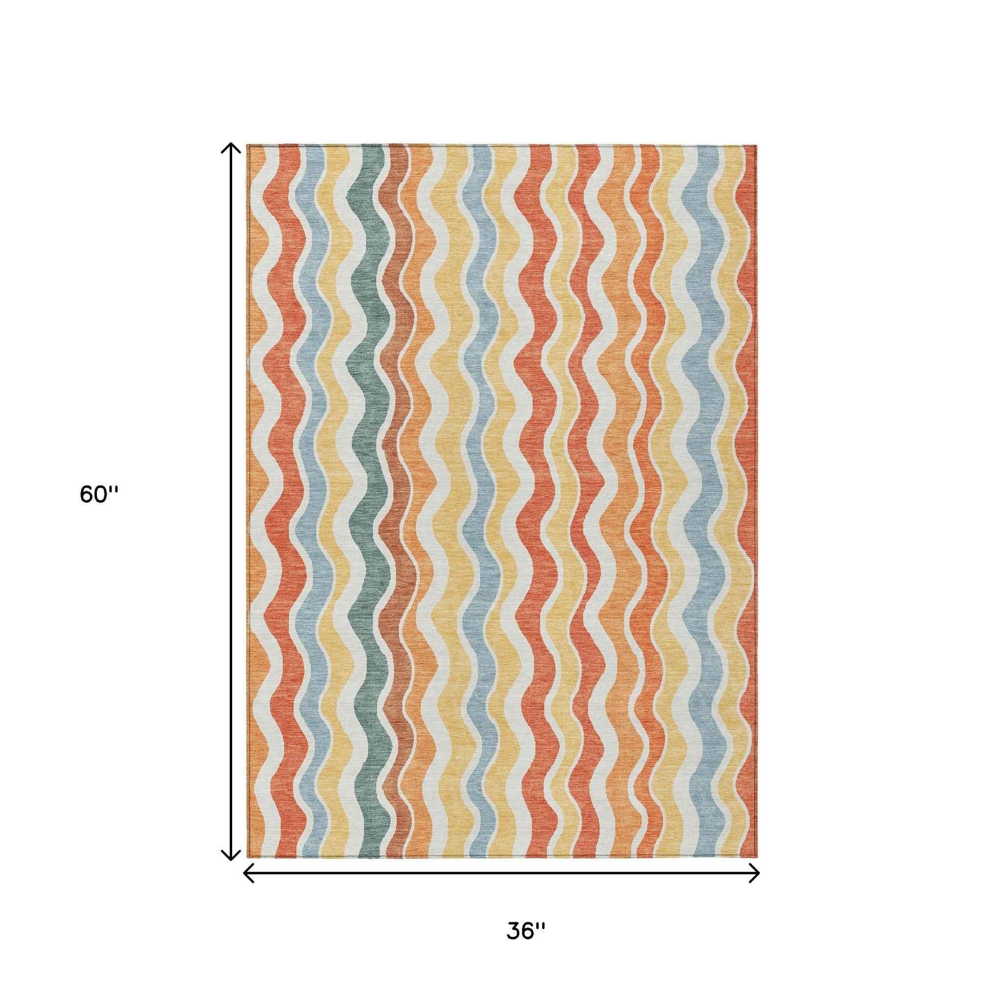 3' X 5' Coral Ivory And Gold Striped Washable Indoor Outdoor Area Rug