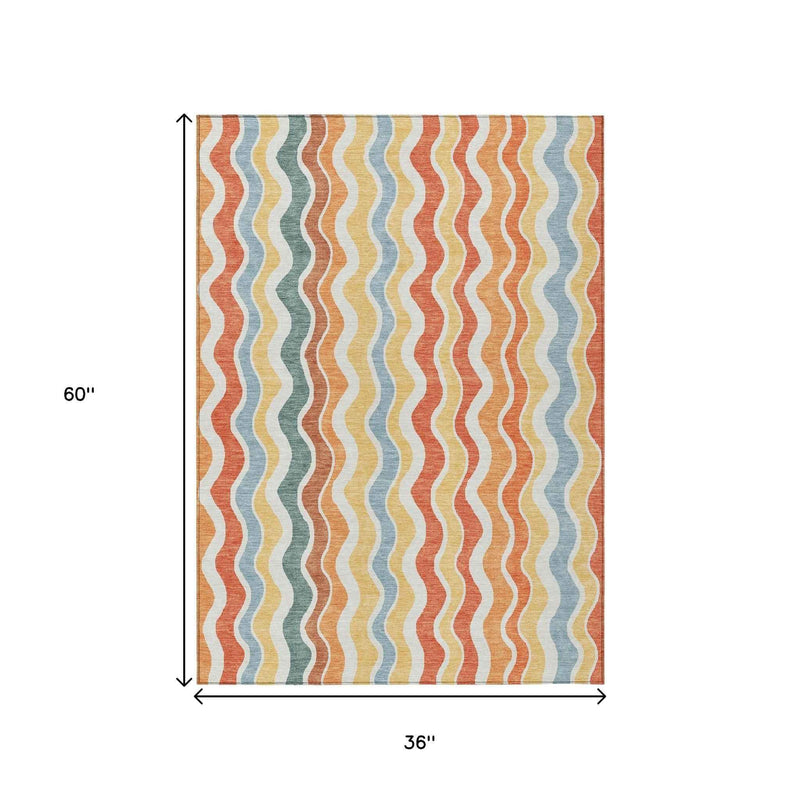3' X 5' Coral Ivory And Gold Striped Washable Indoor Outdoor Area Rug