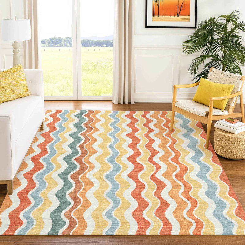 3' X 5' Coral Ivory And Gold Striped Washable Indoor Outdoor Area Rug