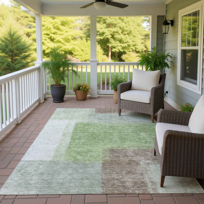10' X 14' Artichoke Green Ivory And Brown Abstract Washable Indoor Outdoor Area Rug