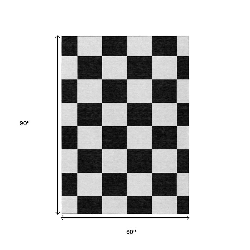 5' X 8' Black And White Geometric Washable Indoor Outdoor Area Rug